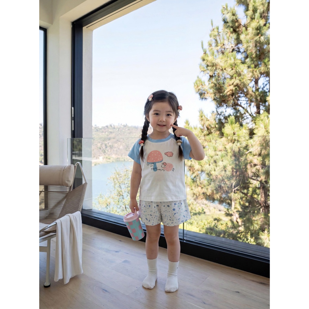 Set bộ cộc tay bé gái Miniumbaby hoạ tiết nấm cừu cute, chất vải cotton mềm mại, bé 1-6 tuổi SB2766