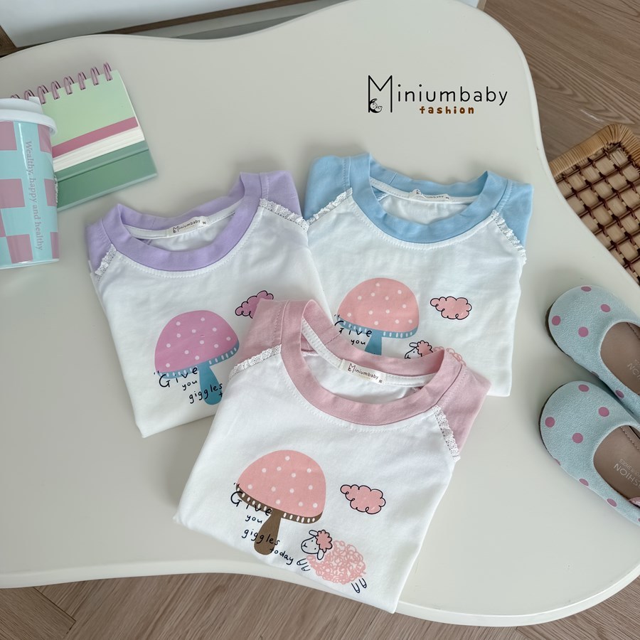 Set bộ cộc tay bé gái Miniumbaby hoạ tiết nấm cừu cute, chất vải cotton mềm mại, bé 1-6 tuổi SB2766
