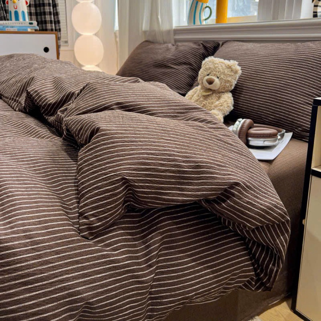 Bộ chăn ga gối cotton đũi gân chất liệu mới của nam họa tiết kẻ sọc caro hiện đại chất liệu thoáng mát mền mại