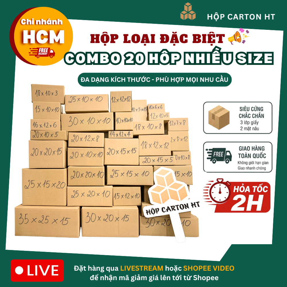 Combo 20 hộp đối khẩu size LỚN, hộp giấy carton nhiều kích thước giá rẻ - Hộp carton HT HCM