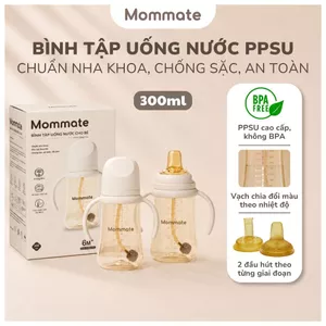 Bình tập uống nước cho bé Mommate 300ml PPSU – Chống sặc, chống rò rỉ, đầu hút thay thế