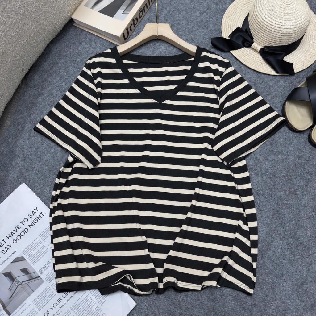 Áo Thun Bigsize Nữ Kẻ Sọc Form Suông Rộng, Thun Cotton Co Giãn 4 Chiều 50-92kg A361