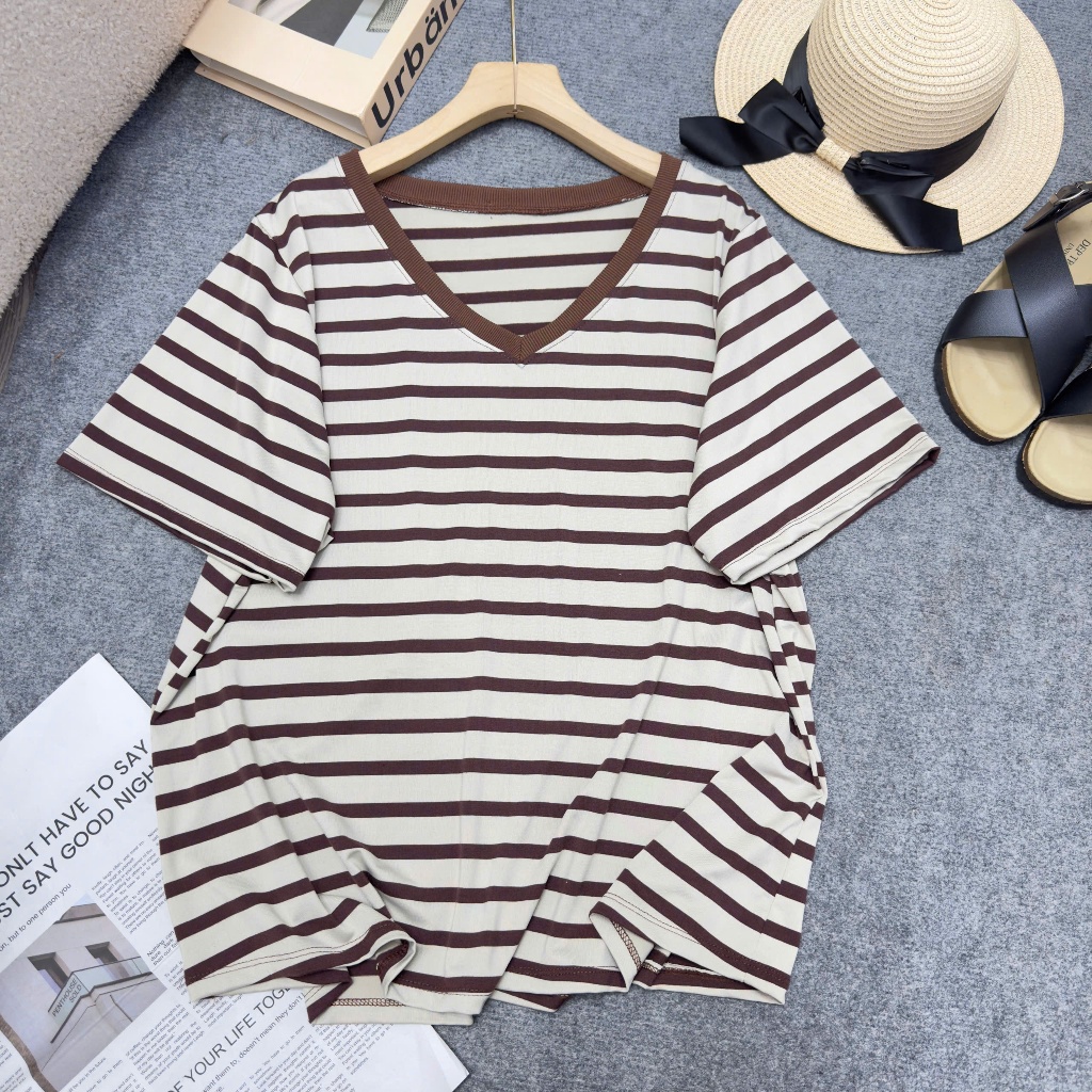 Áo Thun Bigsize Nữ Kẻ Sọc Form Suông Rộng, Thun Cotton Co Giãn 4 Chiều 50-92kg A361