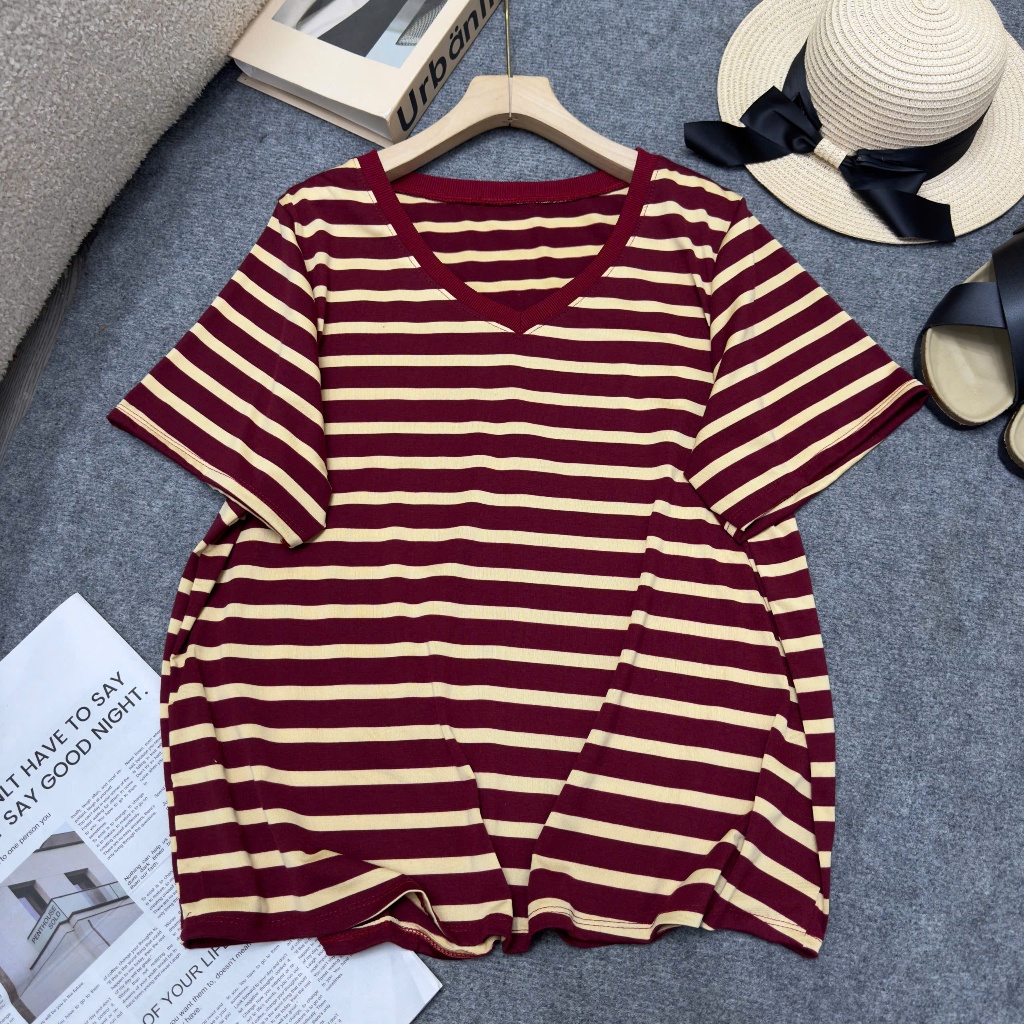 Áo Thun Bigsize Nữ Kẻ Sọc Form Suông Rộng, Thun Cotton Co Giãn 4 Chiều 50-92kg A361