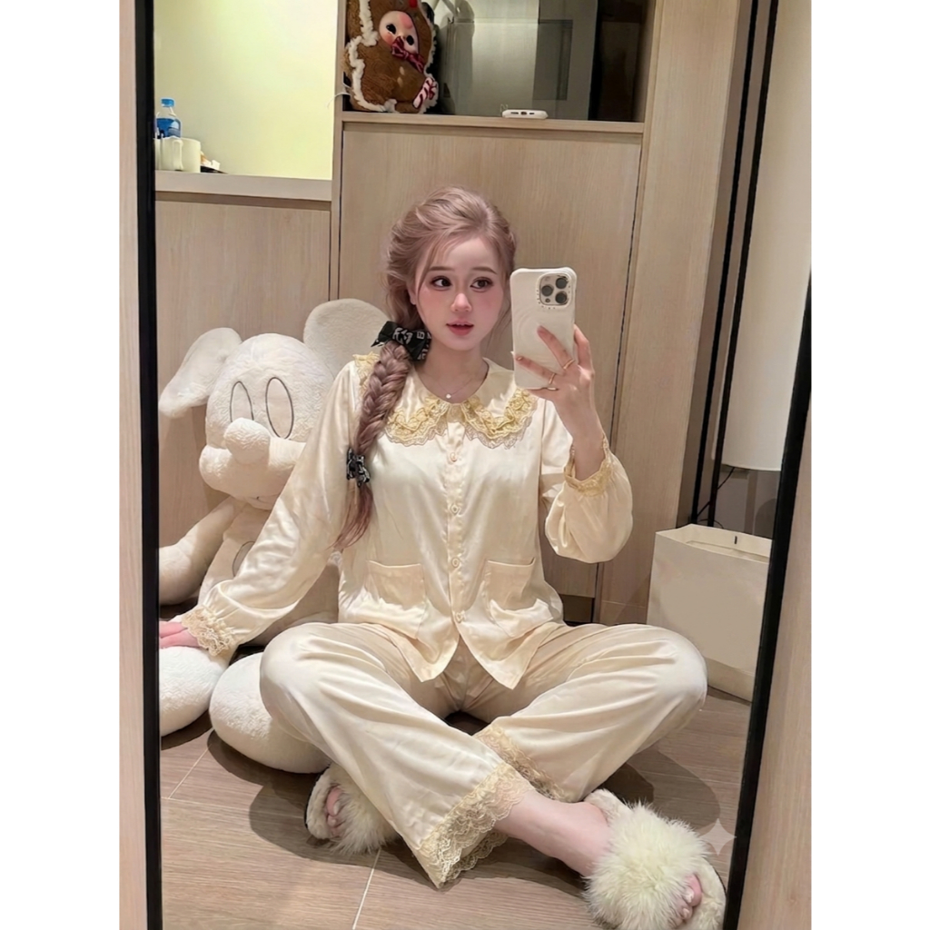 [40-60kg] Bộ Đồ Ngủ Lụa Latin Tơ Tằm Dài Tay Cổ Ren, Pijama Nữ Mặc Nhà Thoải Mái Thoáng Mát DD02