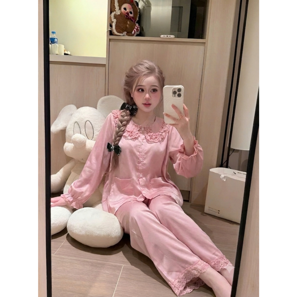 [40-60kg] Bộ Đồ Ngủ Lụa Latin Tơ Tằm Dài Tay Cổ Ren, Pijama Nữ Mặc Nhà Thoải Mái Thoáng Mát DD02