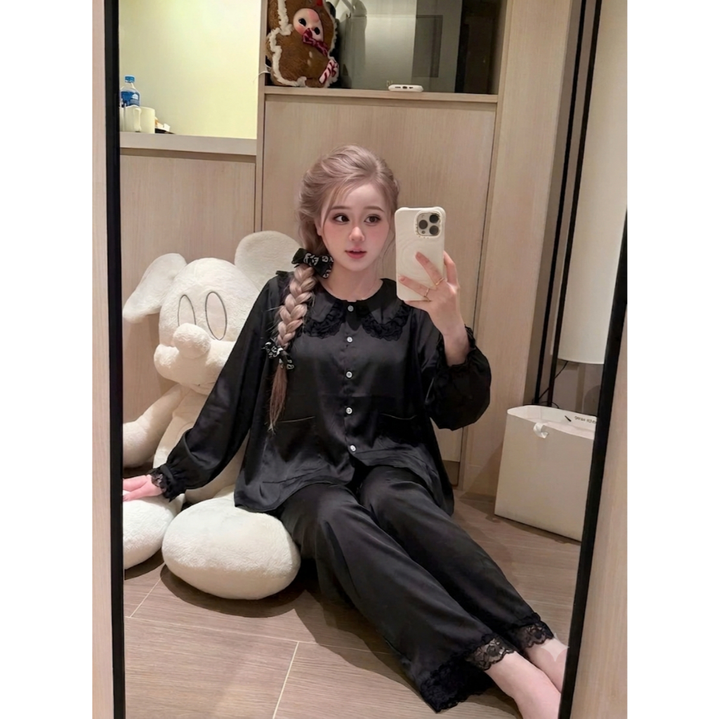 [40-60kg] Bộ Đồ Ngủ Lụa Latin Tơ Tằm Dài Tay Cổ Ren, Pijama Nữ Mặc Nhà Thoải Mái Thoáng Mát DD02