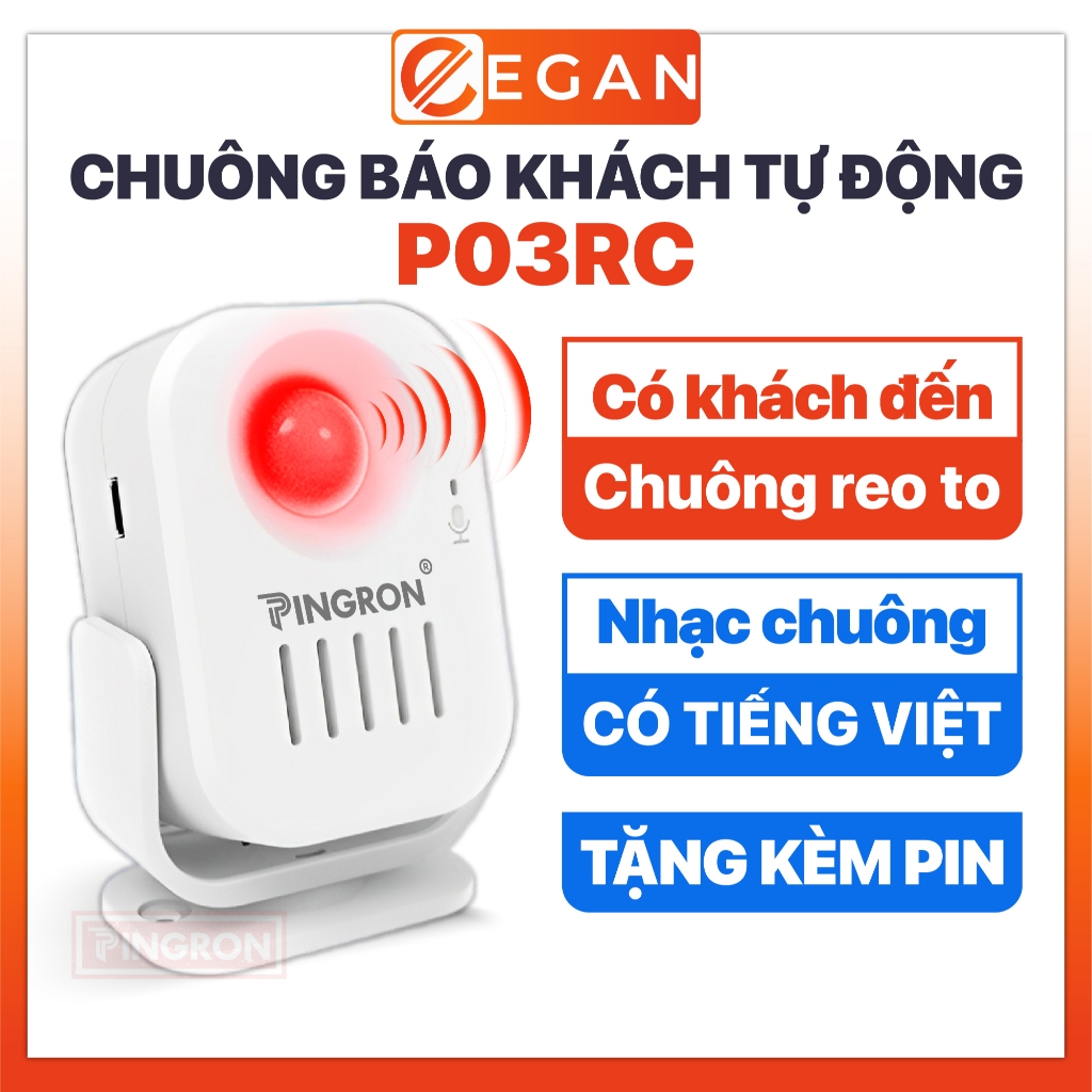 Chuông báo khách tự động PINGRON PR-P03RC ghi âm tiếng Việt, âm thanh lớn và có hồng ngoại không dây