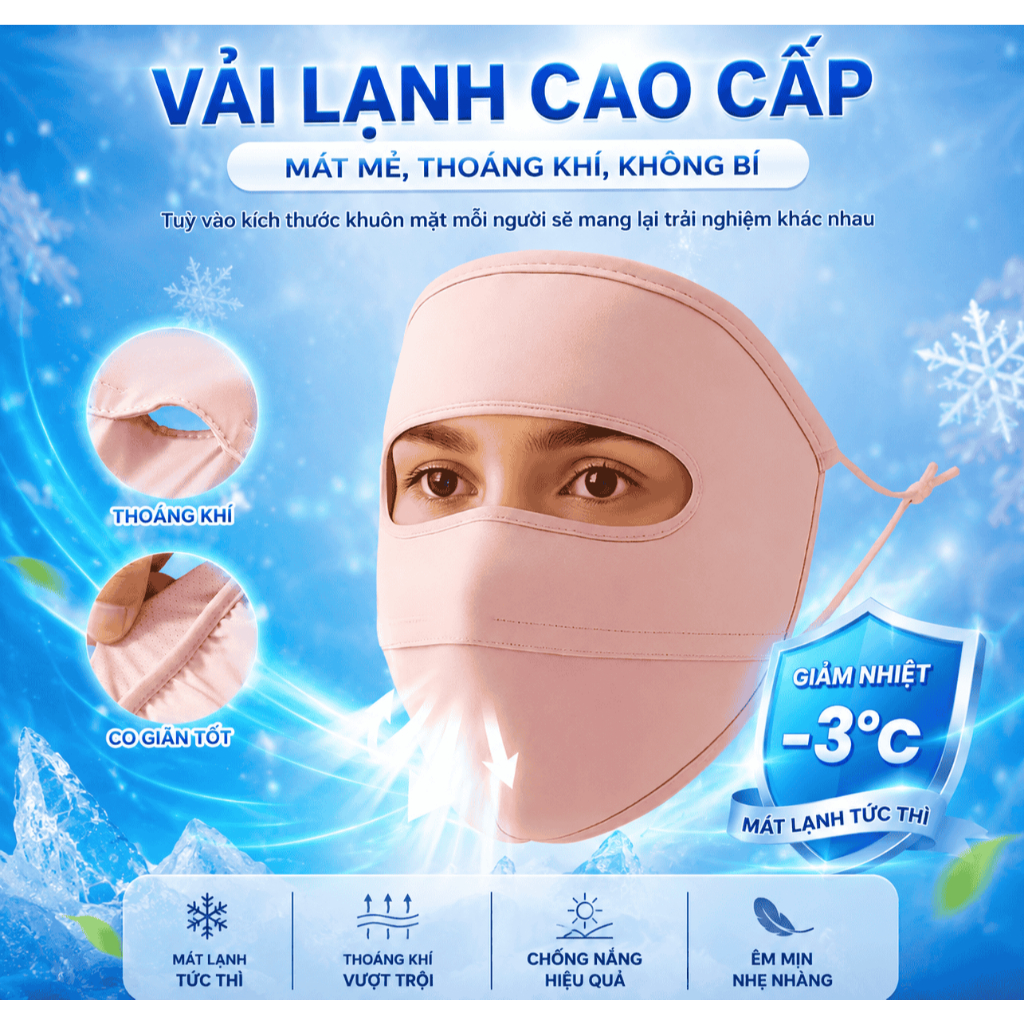 Khẩu trang chống nắng tia UV  toàn mặt chất lụa băng mịn mát thoáng khí phù hợp cho cả nam và nữ.