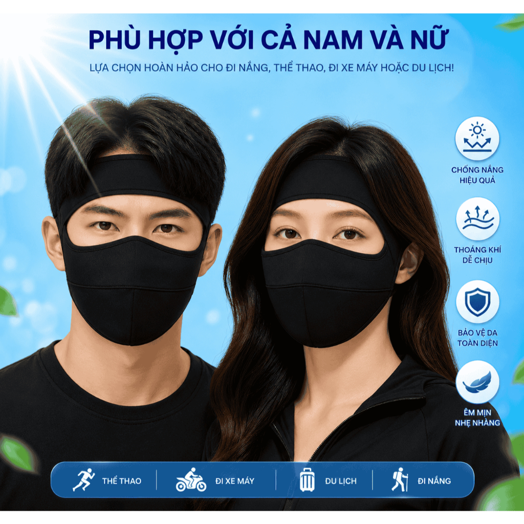 Khẩu trang chống nắng tia UV  toàn mặt chất lụa băng mịn mát thoáng khí phù hợp cho cả nam và nữ.