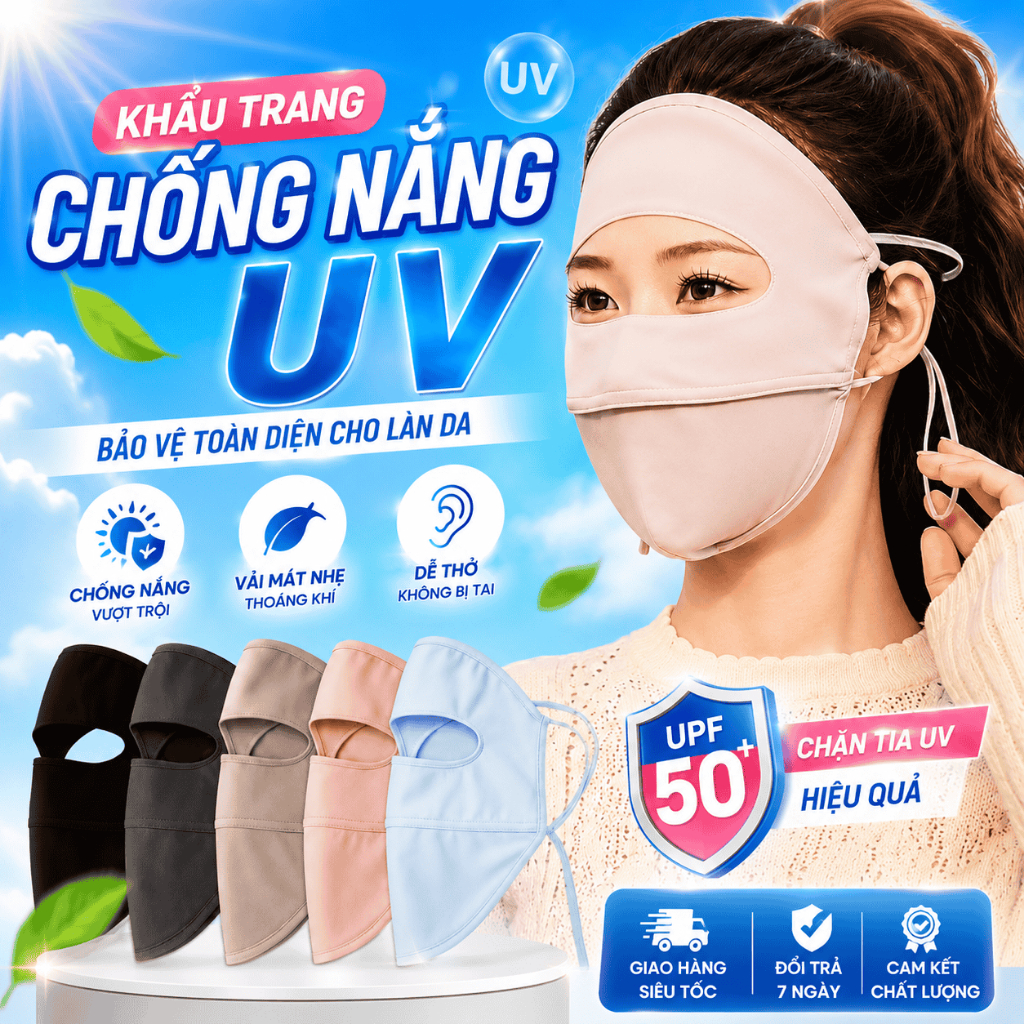 Khẩu trang chống nắng tia UV  toàn mặt chất lụa băng mịn mát thoáng khí phù hợp cho cả nam và nữ.