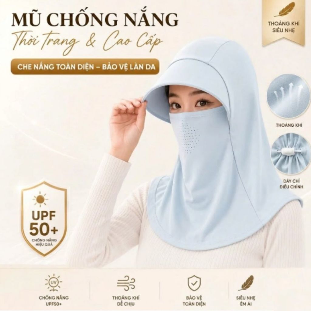 Mũ chống nắng trùm đầu tích hợp mặt nạ khẩu trang lụa băng lạnh che cổ có lỗ thoáng khí chống tia UV phù hợp cả Nam Nữ
