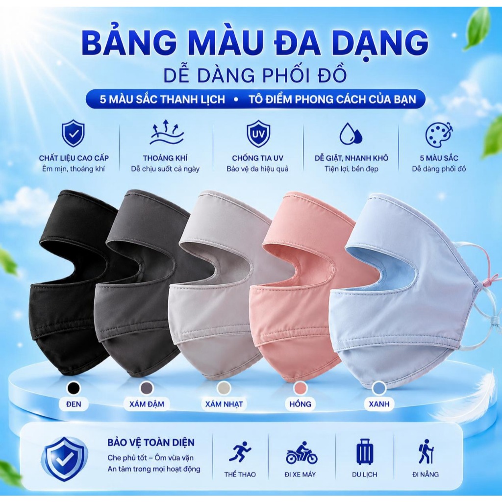 Khẩu trang chống nắng tia UV  toàn mặt chất lụa băng mịn mát thoáng khí phù hợp cho cả nam và nữ.