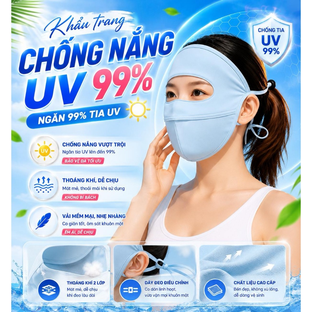 Khẩu trang chống nắng tia UV  toàn mặt chất lụa băng mịn mát thoáng khí phù hợp cho cả nam và nữ.