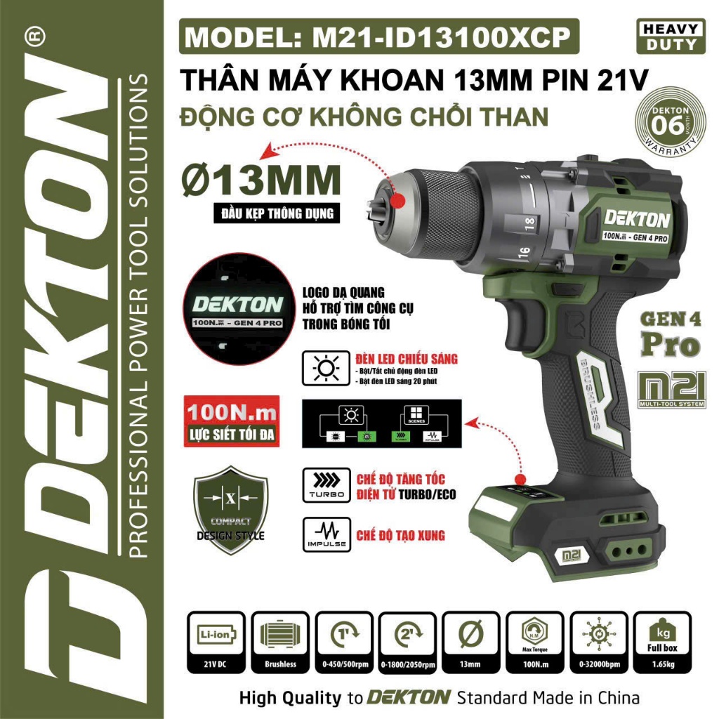 Thân Máy Khoan Pin DEKTON M21- ID13100CP / Motor Brushless / THIẾT KẾ LOGO DẠ QUANG