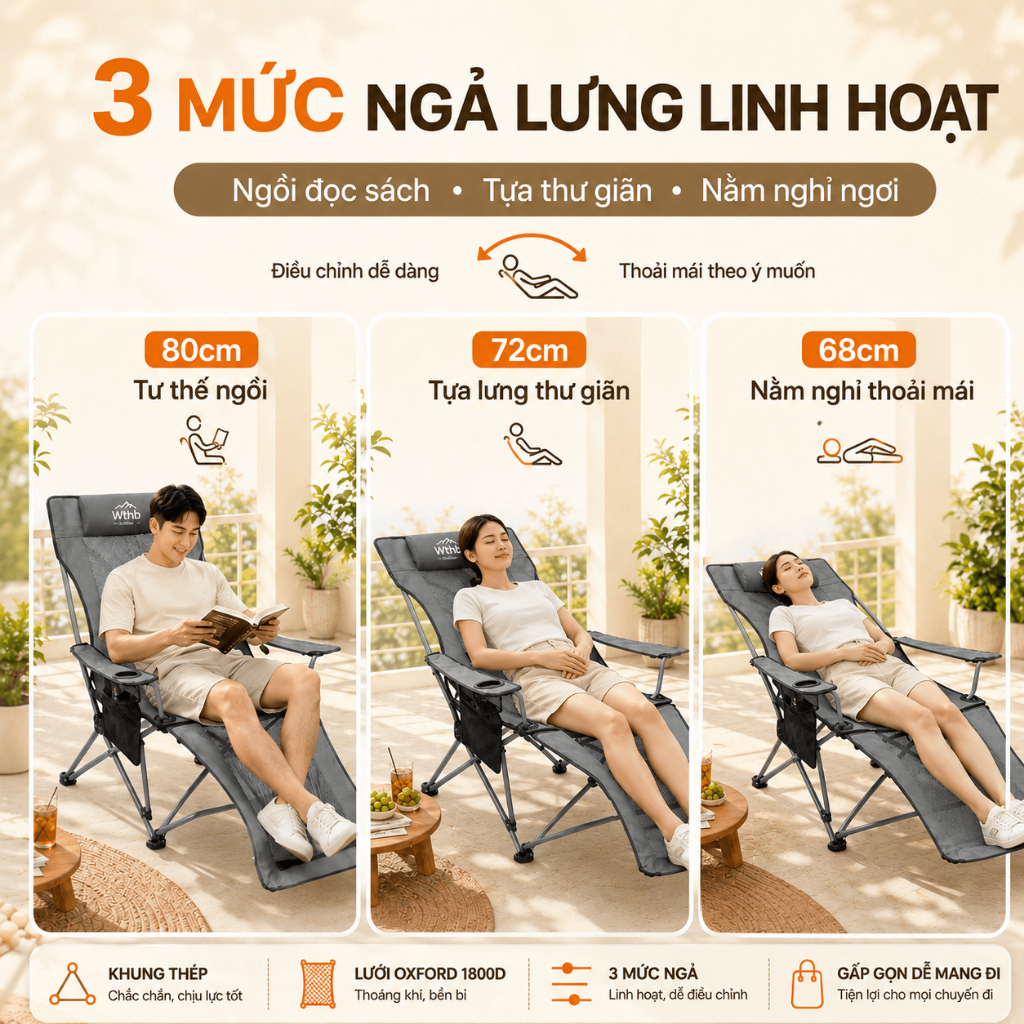 Ghế Xếp Thư Giãn Gấp Gọn Lưới Thoáng Khí, Ghế Bố Nằm Ngủ Trưa Ngoài Trời Cắm Trại Chịu Lực 200kg