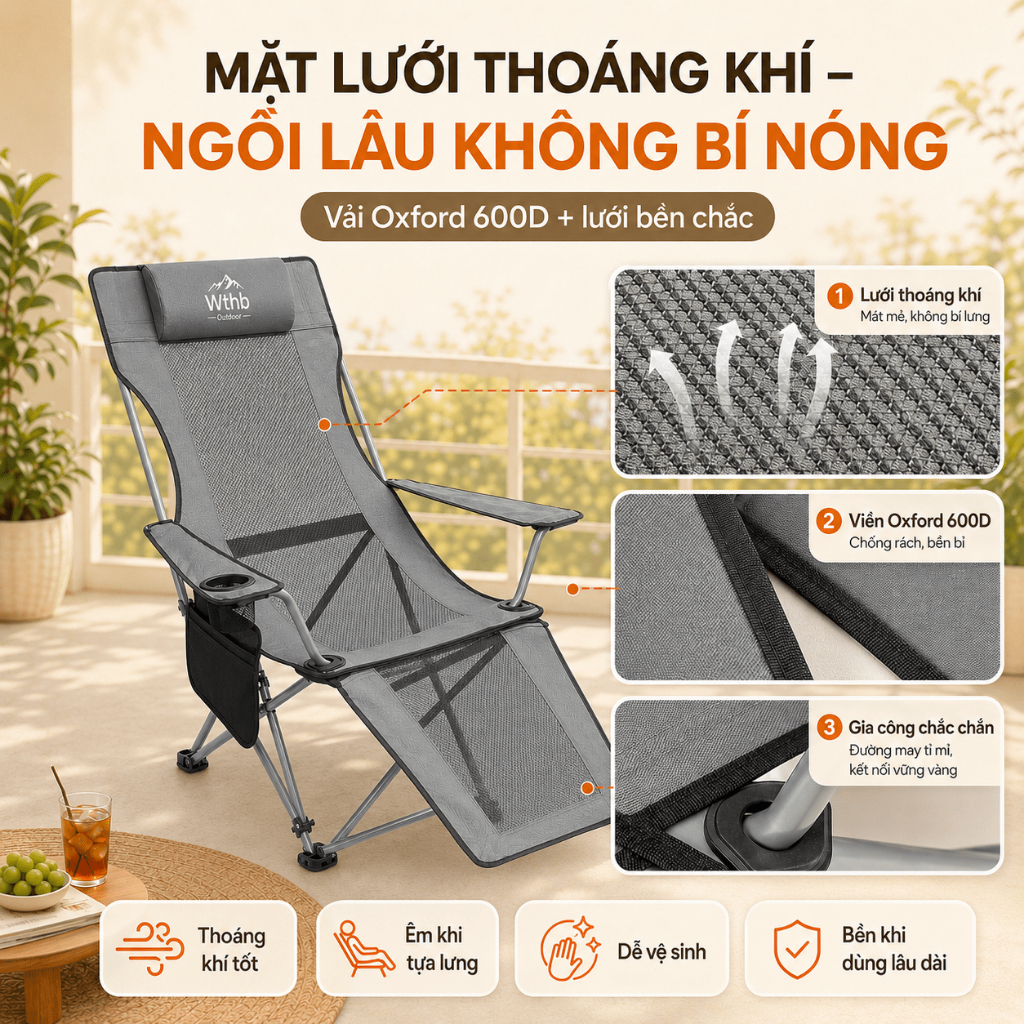 Ghế Xếp Thư Giãn Gấp Gọn Lưới Thoáng Khí, Ghế Bố Nằm Ngủ Trưa Ngoài Trời Cắm Trại Chịu Lực 200kg