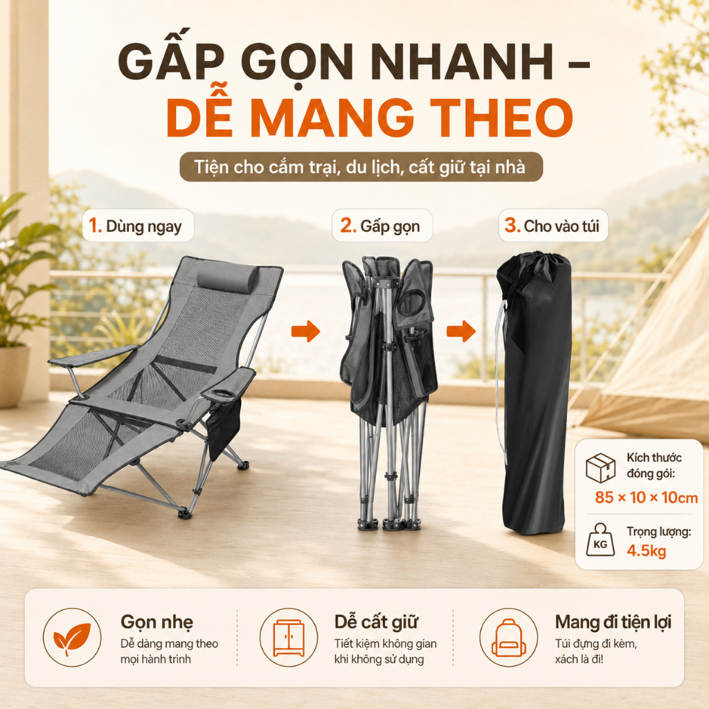 Ghế Xếp Thư Giãn Gấp Gọn Lưới Thoáng Khí, Ghế Bố Nằm Ngủ Trưa Ngoài Trời Cắm Trại Chịu Lực 200kg