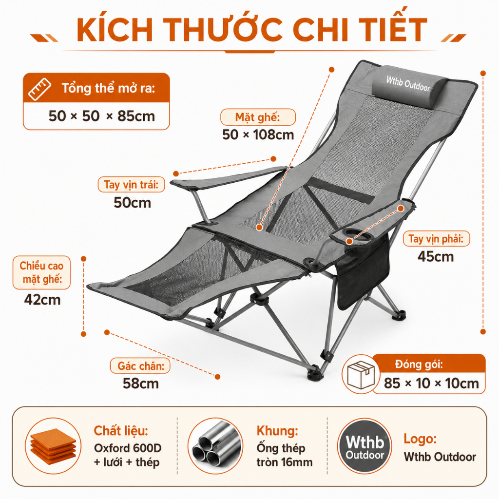 Ghế Xếp Thư Giãn Gấp Gọn Lưới Thoáng Khí, Ghế Bố Nằm Ngủ Trưa Ngoài Trời Cắm Trại Chịu Lực 200kg