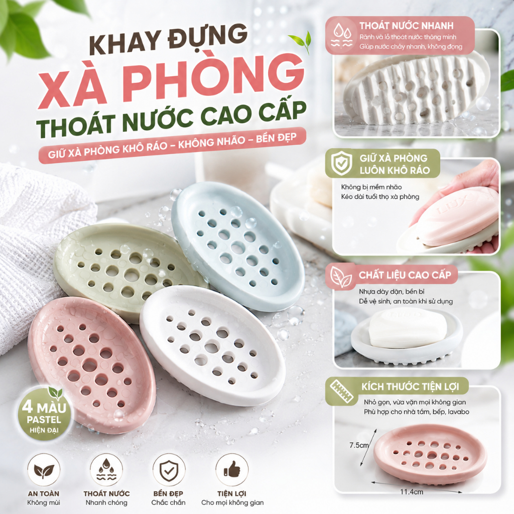 Khay Đựng Xà Phòng Thoát Nước Thông Minh – Giữ Xà Phòng Luôn Khô Thoáng, Tiện Dụng Cho Mọi Gia Đình