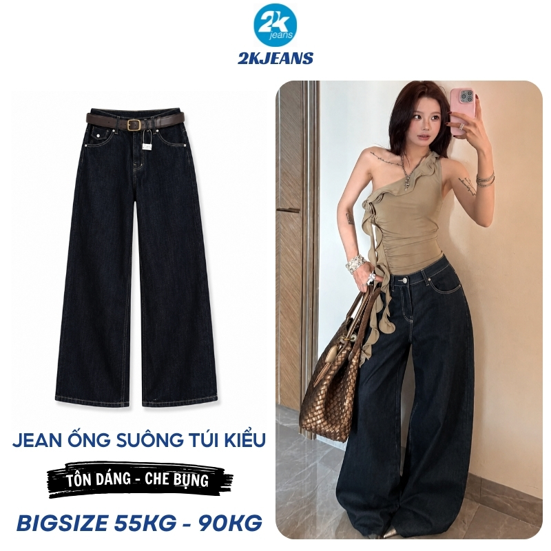 Quần ống suông rộng jean nữ túi kiểu Bigsize 55kg-90kg hàng QC cao cấp, kiểu dáng ống rộng màu xanh than QC377 2KJeans | BigBuy360 - bigbuy360.vn