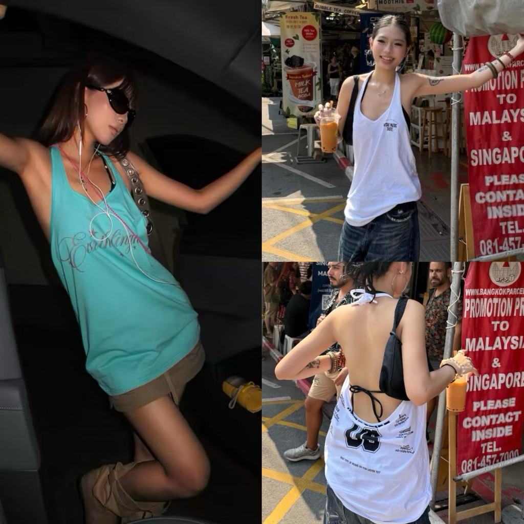 (sẵn trà sữa)Áo sát nách form tank top hở lưng hoạ tiết chữ đơn giản màu trắng xanh tiffany và trà sữa ASN097 - TikTik
