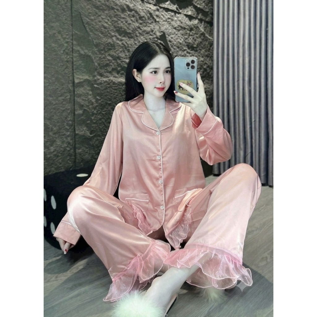 [60-80kg] Bộ Pijama Nữ Lụa Latin Tơ Tằm, Đồ Bộ Mặc Nhà Nữ Dài Tay Thiết Kế Bèo Nhún Mềm Mịn DD03