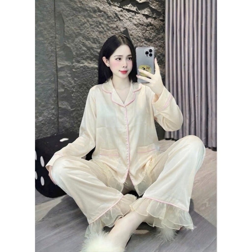 [60-80kg] Bộ Pijama Nữ Lụa Latin Tơ Tằm, Đồ Bộ Mặc Nhà Nữ Dài Tay Thiết Kế Bèo Nhún Mềm Mịn DD03