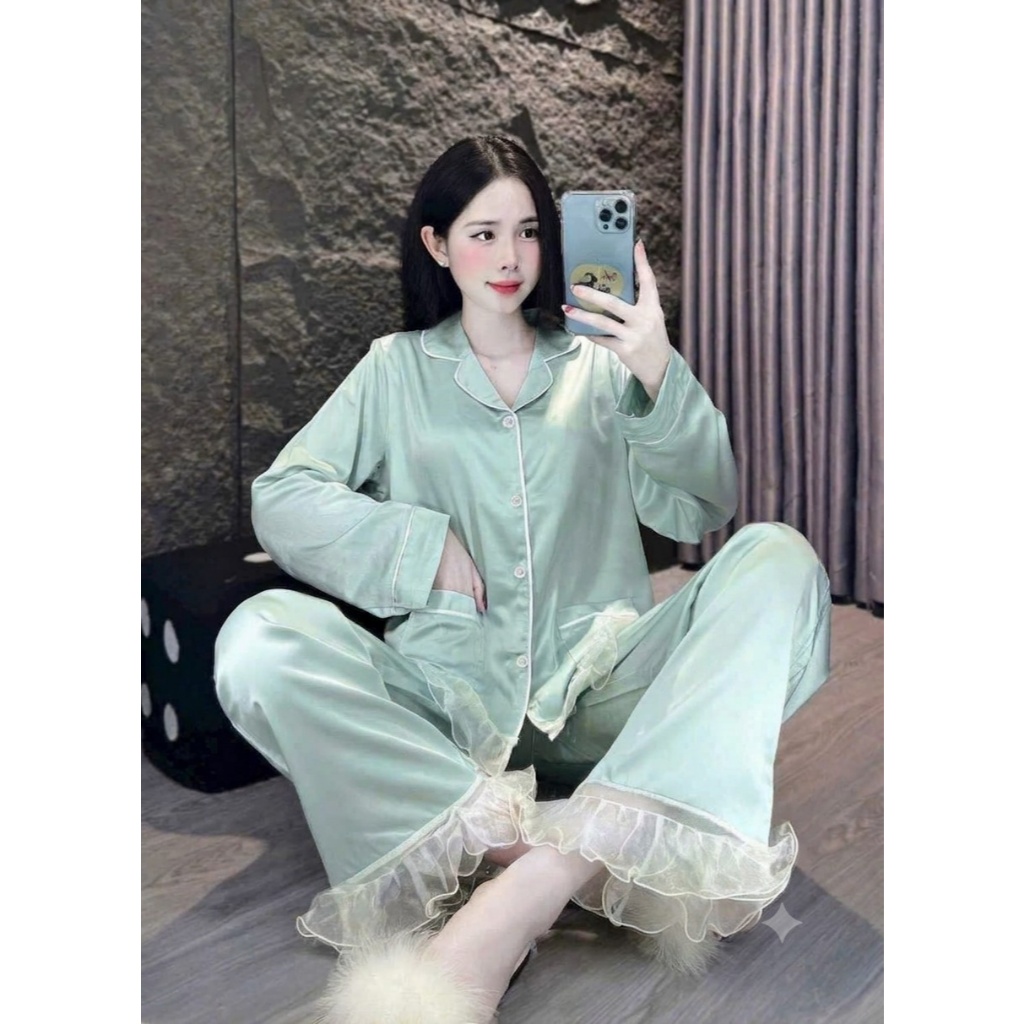 [60-80kg] Bộ Pijama Nữ Lụa Latin Tơ Tằm, Đồ Bộ Mặc Nhà Nữ Dài Tay Thiết Kế Bèo Nhún Mềm Mịn DD03