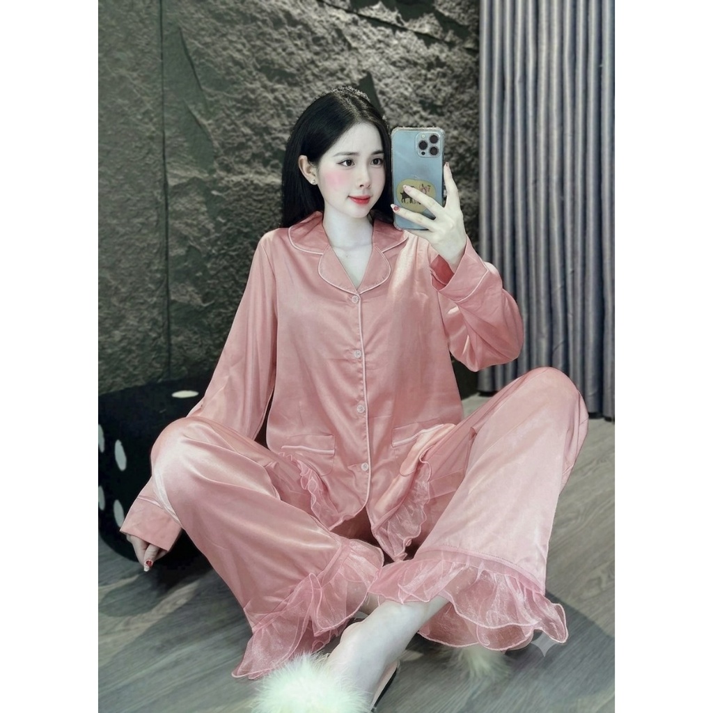 [60-80kg] Bộ Pijama Nữ Lụa Latin Tơ Tằm, Đồ Bộ Mặc Nhà Nữ Dài Tay Thiết Kế Bèo Nhún Mềm Mịn DD03