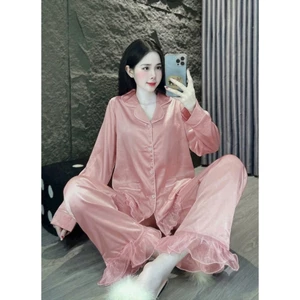 Bộ Pijama Nữ Lụa Latin Tơ Tằm, Đồ Bộ Mặc Nhà Nữ Dài Tay Thiết Kế Bèo Nhún Mềm Mịn DD03