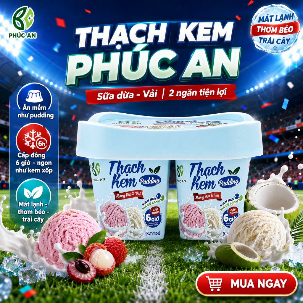 Thạch Kem Phúc An Vị Sữa Dừa & Vải 2 Ngăn – Ăn Mềm Như Pudding, Cấp Đông Thành Kem Xốp Mát Lạnh