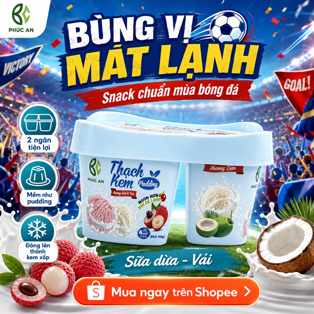 Thạch Kem Phúc An Vị Sữa Dừa & Vải 2 Ngăn – Ăn Mềm Như Pudding, Cấp Đông Thành Kem Xốp Mát Lạnh