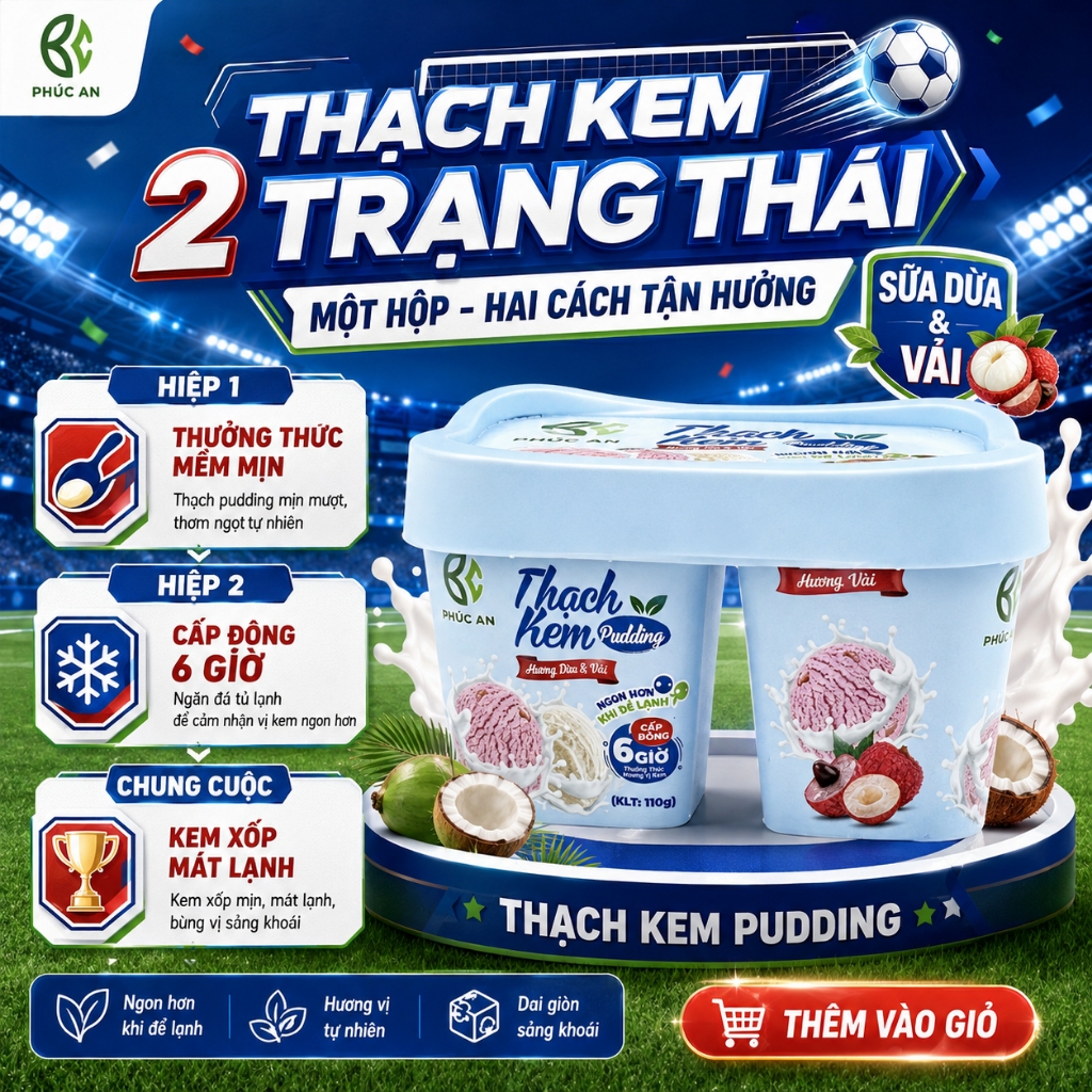 Thạch Kem Phúc An Vị Sữa Dừa & Vải 2 Ngăn – Ăn Mềm Như Pudding, Cấp Đông Thành Kem Xốp Mát Lạnh
