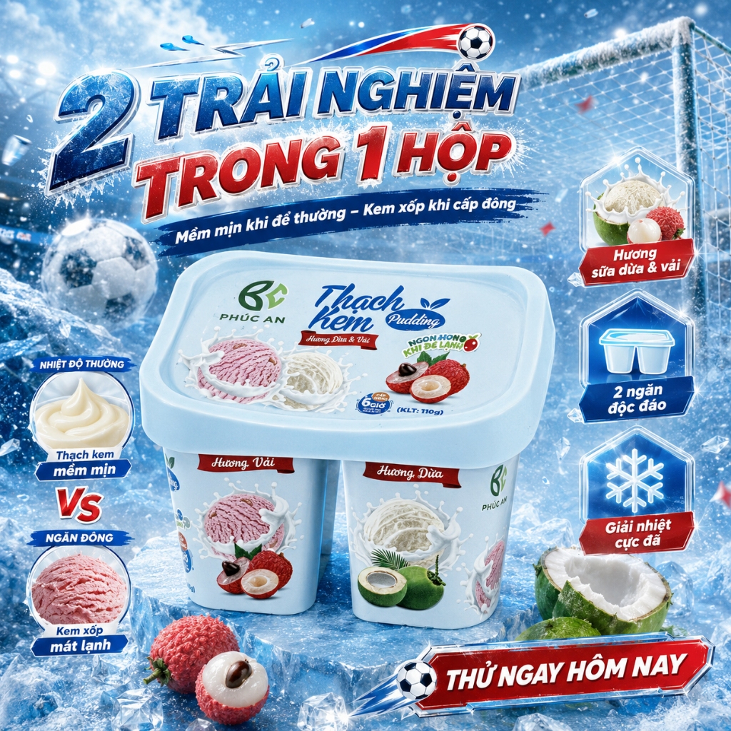 Thạch Kem Phúc An Vị Sữa Dừa & Vải 2 Ngăn – Ăn Mềm Như Pudding, Cấp Đông Thành Kem Xốp Mát Lạnh