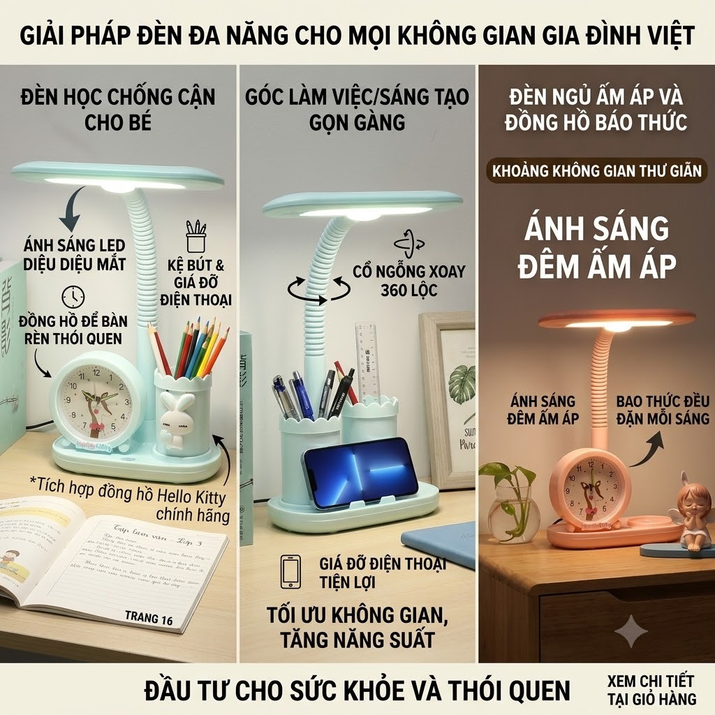 Đèn học để bàn, đèn bàn học cho bé kèm đồng hồ 3 màu ánh sáng chống chói