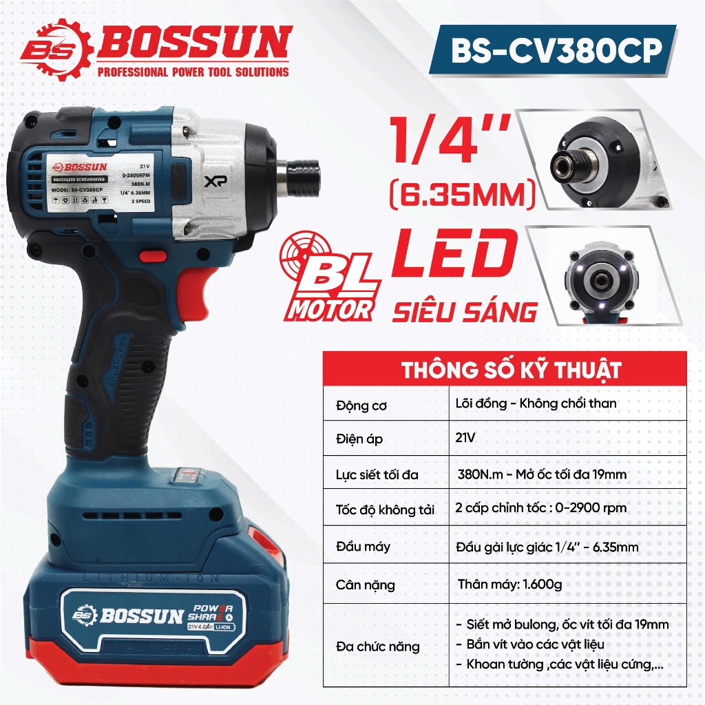 [MUA 1 ĐƯỢC 2] Máy chuyên vít Bossun BS-CV380CP Lực siết 380N.m - Đầu gài lục giác 1/4 Không chổi than Có LED 2 Tốc độ