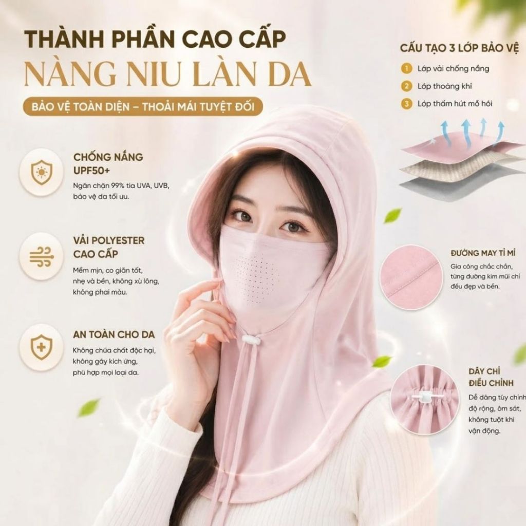 Mũ chống nắng trùm đầu tích hợp mặt nạ khẩu trang lụa băng lạnh che cổ có lỗ thoáng khí chống tia UV phù hợp cả Nam Nữ