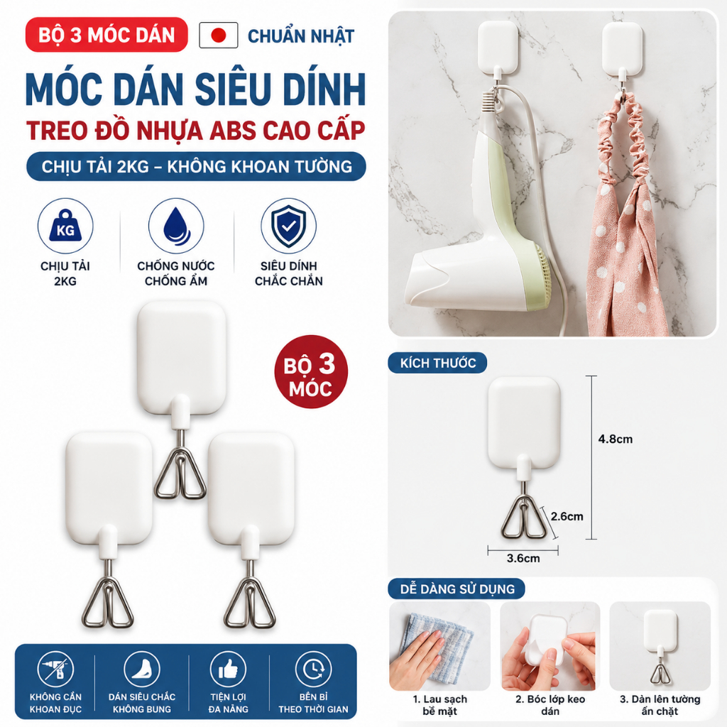 MÓC DÁN SIÊU DÍNH NHỰA ABS TREO ĐỒ NHẬT BẢN – BỘ 3 CÁI CHỊU TẢI 2KG  207