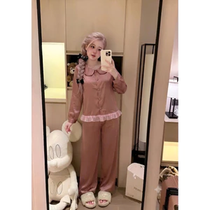 Bộ Đồ Ngủ Lụa Latin Dài Tay Phối Bèo Dễ Thương, Pijama Nữ Cao Cấp Mặc Nhà Thoải Mái DD04