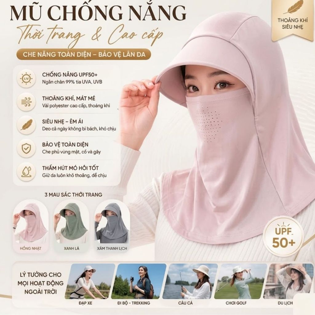 Mũ chống nắng trùm đầu tích hợp mặt nạ khẩu trang lụa băng lạnh che cổ có lỗ thoáng khí chống tia UV phù hợp cả Nam Nữ