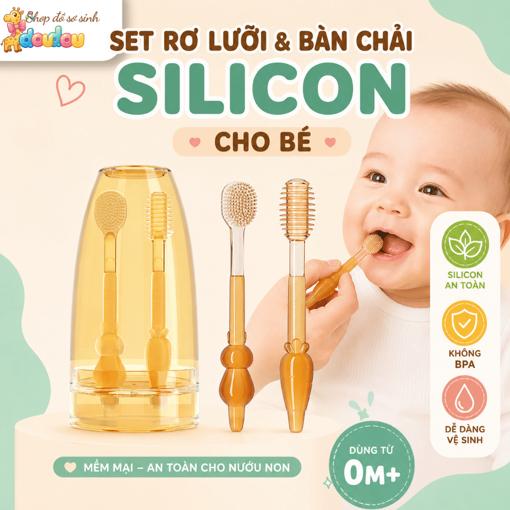 Set Rơ Lưỡi Và Bàn Chải Đánh Răng Silicon Cho Bé 0-18 Tháng Mềm Mại An Toàn Cao Cấp DouDou A23