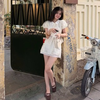 Set áo cổ sen buộc nơ phối tay phồng, kèm chân váy phong cách tiểu thư LAVIAN S69