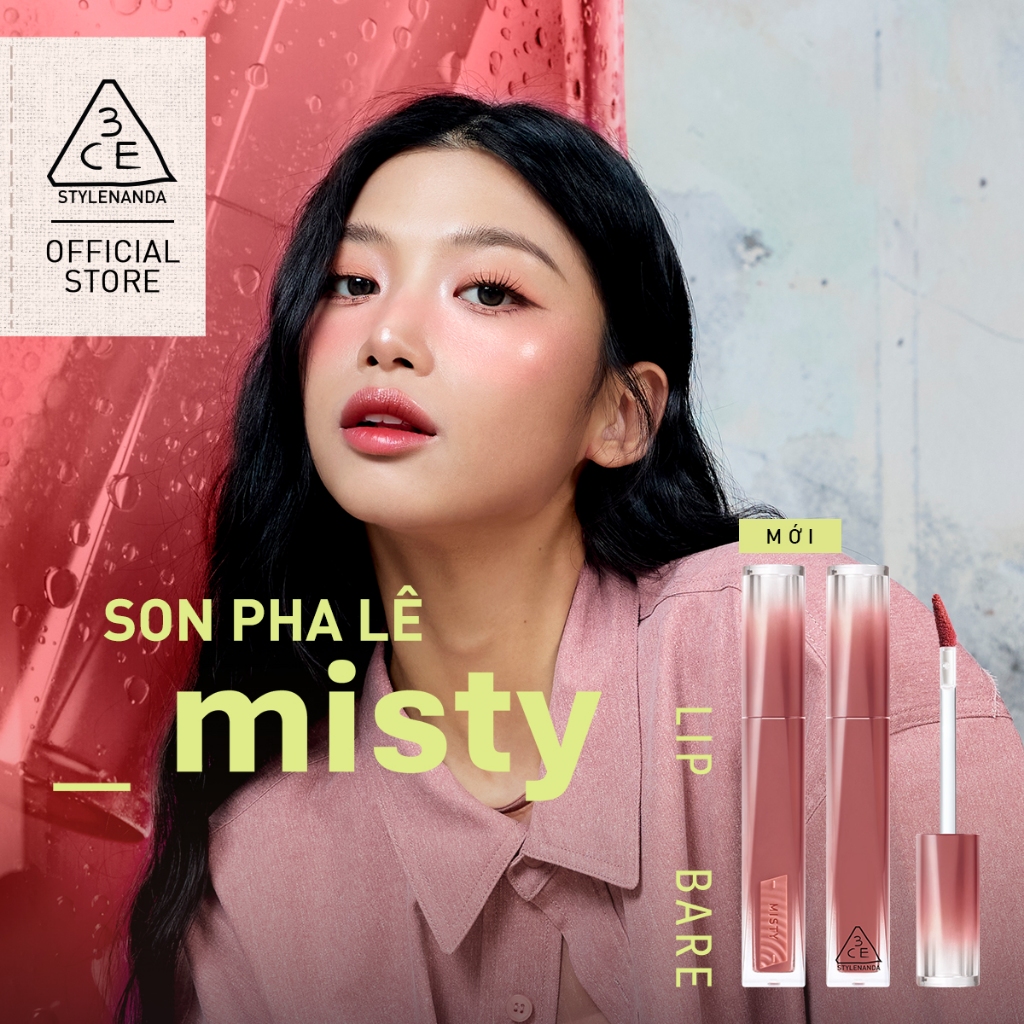 Son Tint Hiệu Ứng Pha Lê 3CE Misty Lip Bare Mỏng Nhẹ Trong Veo, Bền Màu, Mịn Mượt, Không Bết Dính