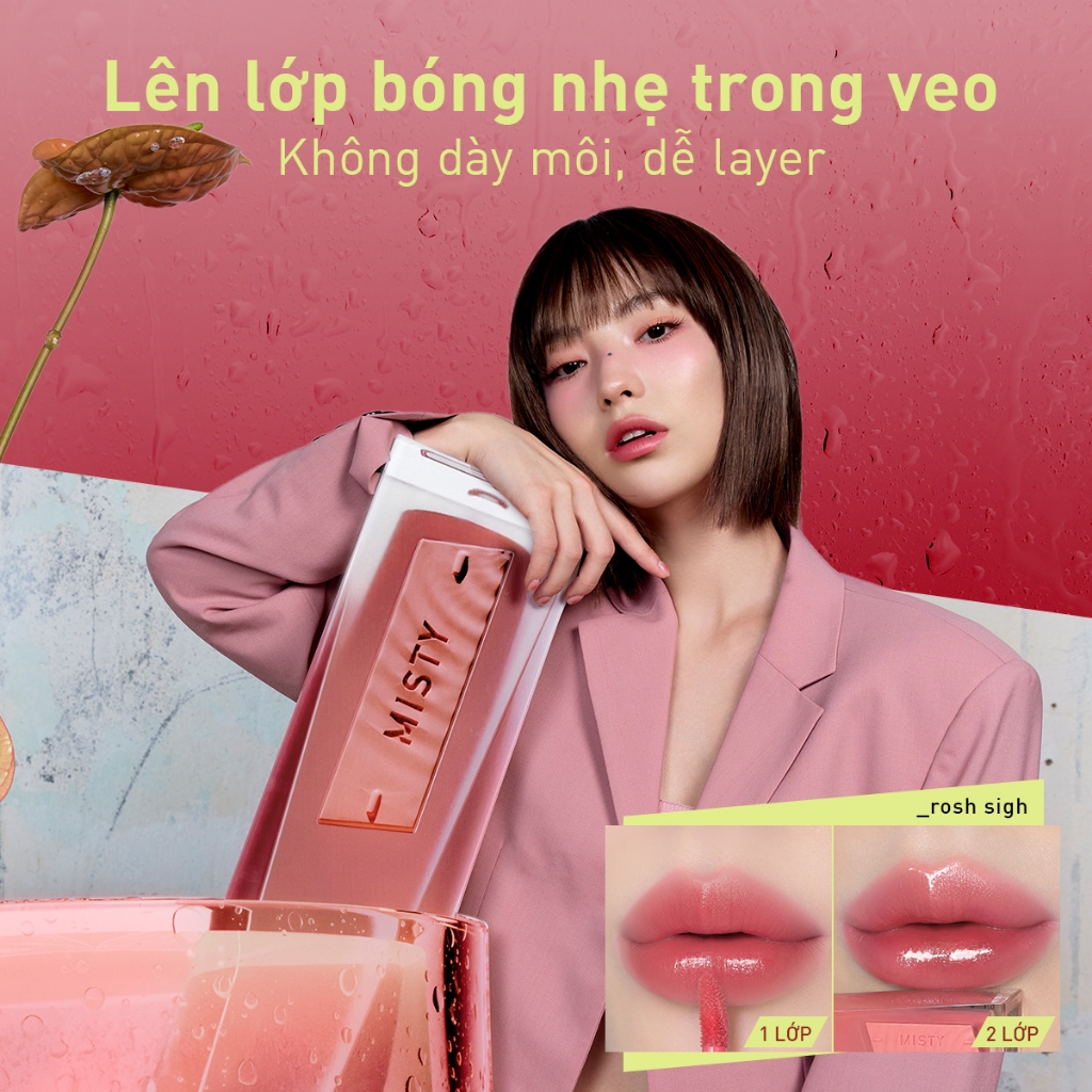 Son Tint Hiệu Ứng Pha Lê 3CE Misty Lip Bare Mỏng Nhẹ Trong Veo, Bền Màu, Mịn Mượt, Không Bết Dính