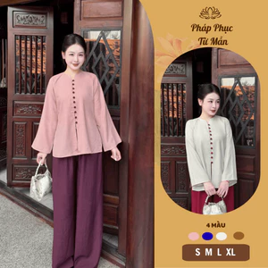 Bộ đi chùa đính khuy bọc phối viền đũi line Pháp phục đi chùa dài tay đũi mềm mịn Thanh lịch