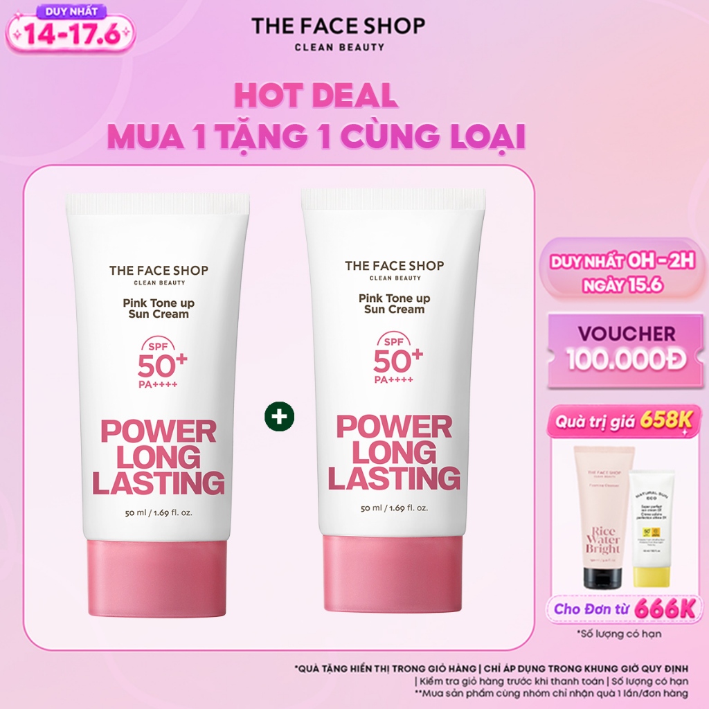[FS]Combo Kem Chống Nắng Thefaceshop Power Long Pink Tone Up Spf50++