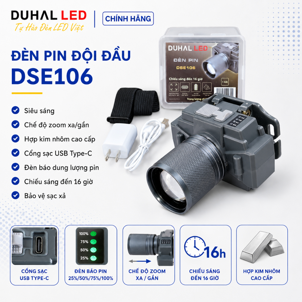 Đèn pin đội đầu siêu sáng pin trâu, sạc Type C chống nước, 3 chế độ sáng - Duhal DSE106