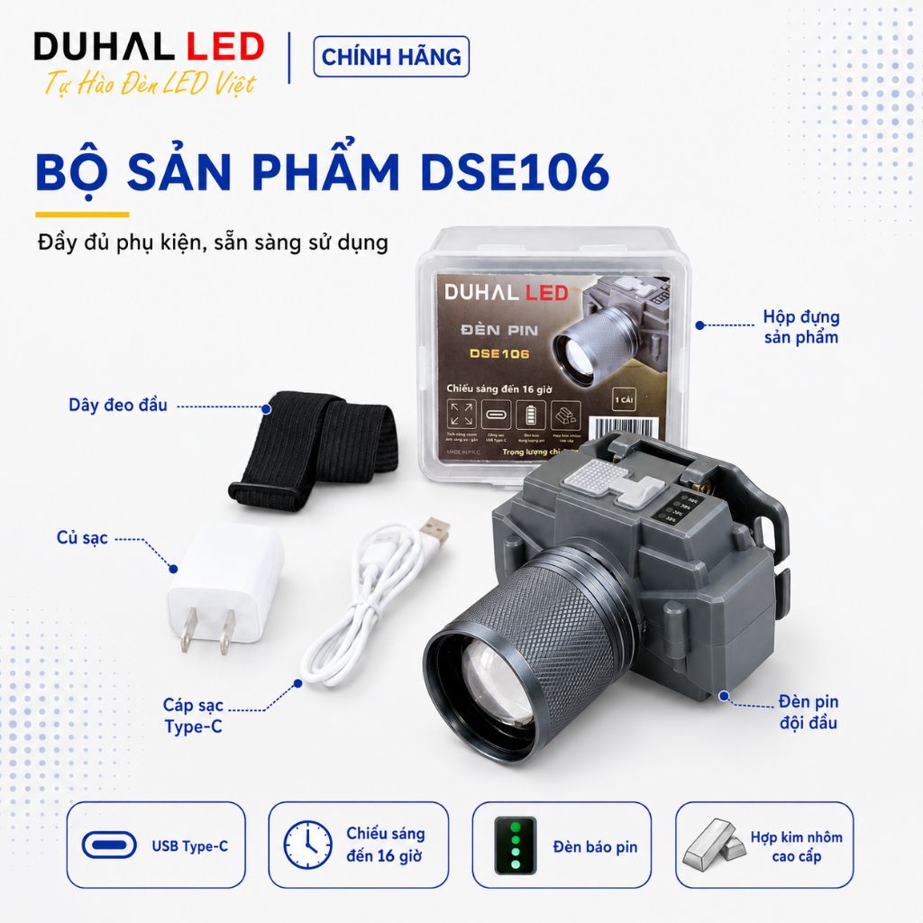 Đèn pin đội đầu siêu sáng pin trâu, sạc Type C chống nước, 3 chế độ sáng - Duhal DSE106