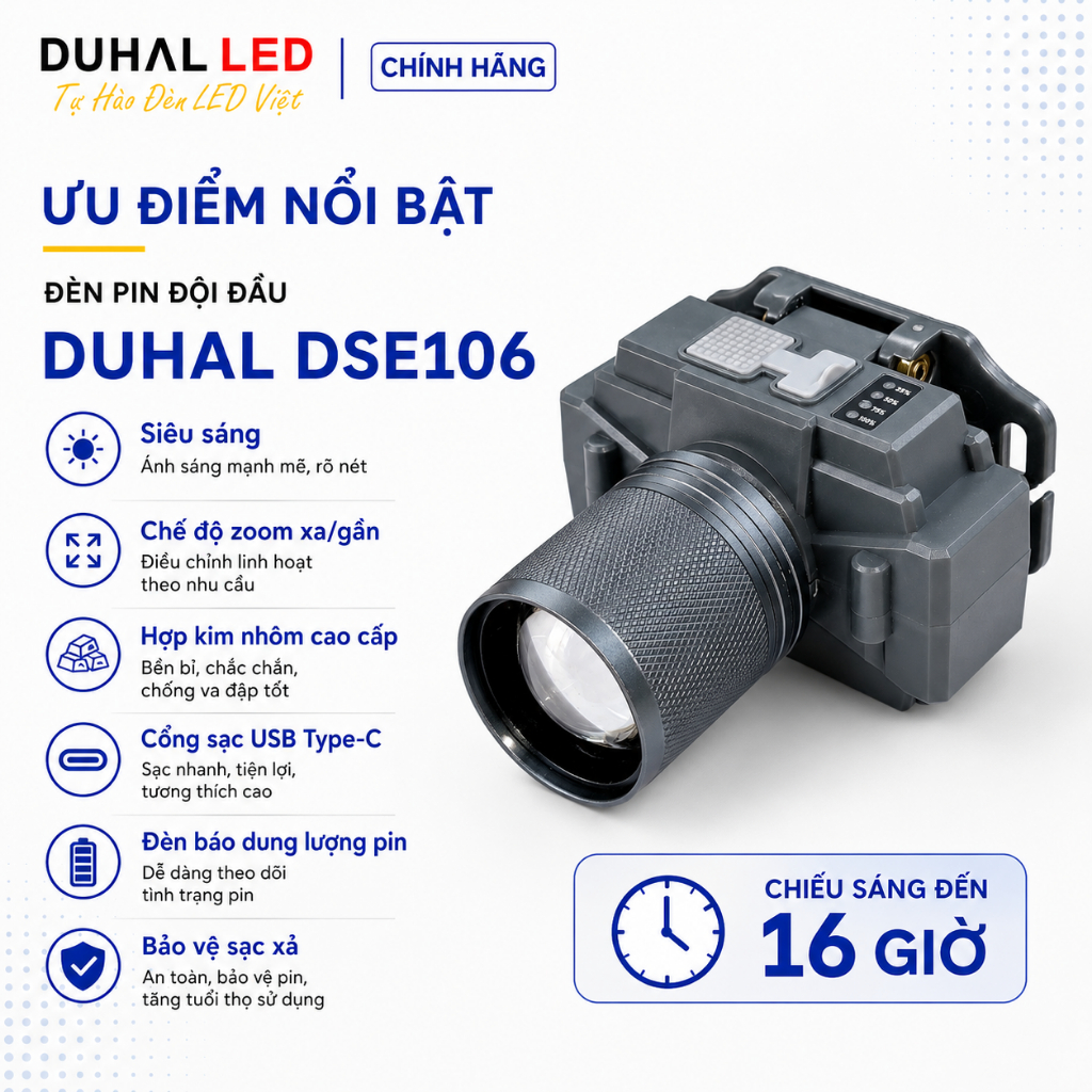 Đèn pin đội đầu siêu sáng pin trâu, sạc Type C chống nước, 3 chế độ sáng - Duhal DSE106